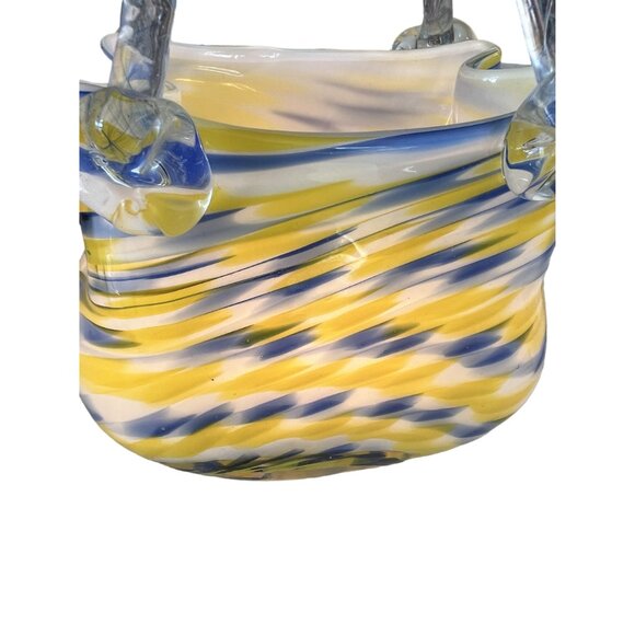 Hand-Blown Murano Glass Basket Lamp With Yellow & Blue Swirls - Unique Home Deco - Picture 2 of 8